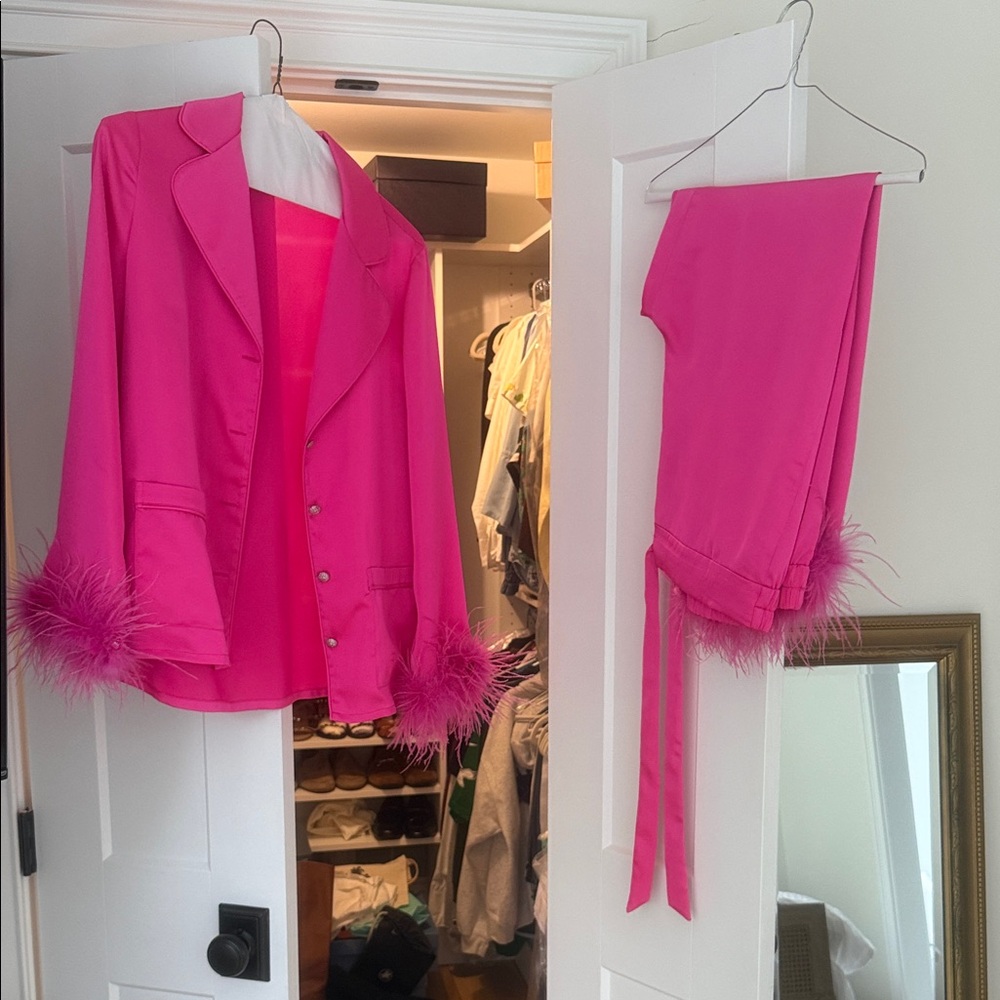 NADINE MERABI Hot Pink Feather-Trim Blazer and Trousers